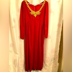 RED VELVET GOWN with THICK GOLD BAROQUE with RHINESTONES